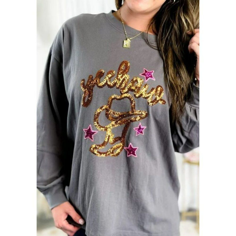 Fantastic Fawn Charcoal Yeehaw Star Sequin Patch Knit Western Top IFKT51844-04 - Picture 1 of 12